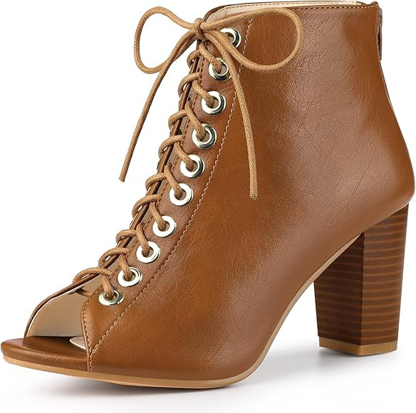 Perphy Peep Toe Lace Up Chunky Heel Ankle Boots for Women | Amazon (US)