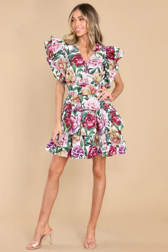 Garden Goddess Ivory Floral Print Dress | Red Dress 