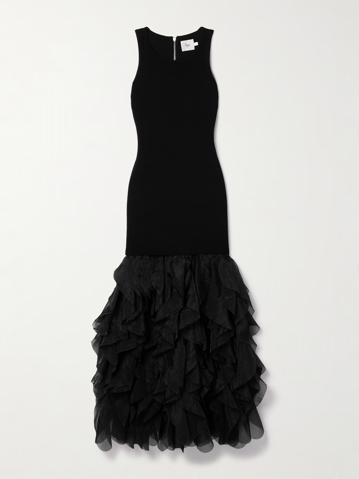 Aje - Elations Ribbed-knit And Ruffled Organza Maxi Dress - Black | NET-A-PORTER (US)