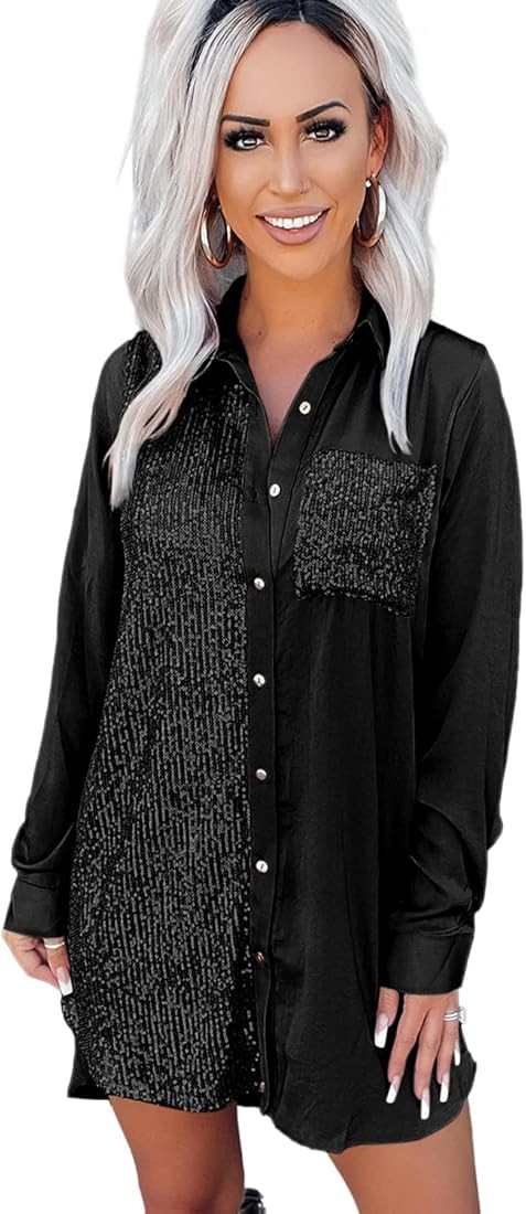 Rngeddg Women Oversized Satin Sequin Patchwork Shirt Dress Lapel Long Sleeve Length Blouse Skirt ... | Amazon (US)