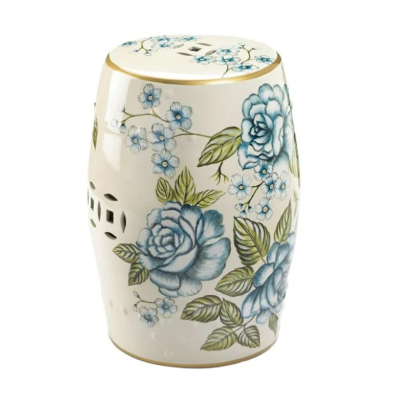 18" White and Blue Antique Floral Cylindrical Garden Stool - Walmart.com | Walmart (US)
