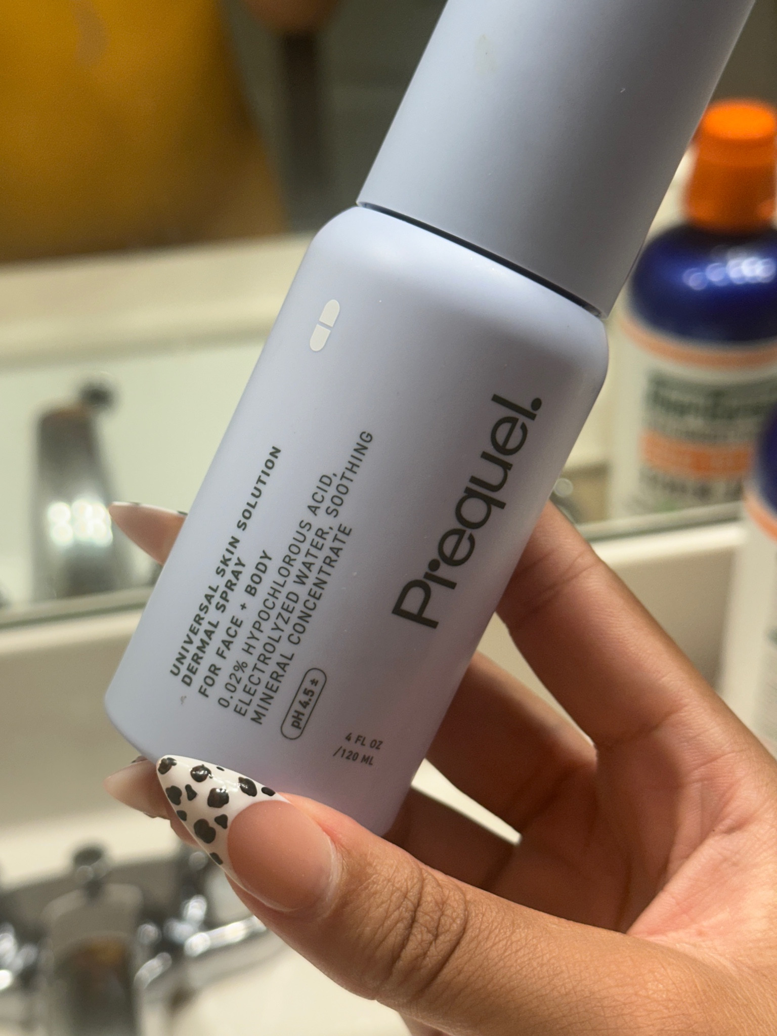 This Prequel hypochlorous acid is so good! Spray this on your face post workout to prevent acne/breakouts.

FOR FACE AND BODY: This hypochlorous acid spray is a super-oxidized solution that purifies, calms and alleviates reactive, sensitized and/or compromised skin.
FORMULATED WITH HIGH QUALITY INGREDIENTS: Universal Skin Solution is formulated with pure, stabilized hypochlorous acid, electrolyzed water and soothing mineral complex to provide maximum skin benefits.
MULTI-BENEFIT SKIN SOLUTION: Cleanses, purifies, preps skin, helps improve skin texture, calms and soothes, alleviates itchiness and irritation, helps clear congestion, helps control odor, refreshes skin, provides relief, increases hydration, helps support skin barrier, optically reduces redness.
SUITABLE FOR ALL SKIN TYPES: Universal Skin Solution is fragrance free, pH stabilized, alcohol free and safe for all skin types including those with sensitive skin.
HOW TO USE: Spray directly onto dry, cleansed skin as needed morning and evening. Allow skin to dry before applying other products such as moisturizer. Store at room temperature away from direct sunlight and heat.