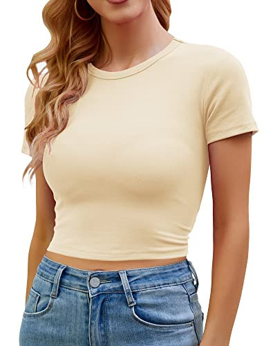 Artfish Women's Basic Teen Tee Workout Crewneck Short Sleeve Slim Fitted Casual Crop Top (Beige Tan, S) | Amazon (US)