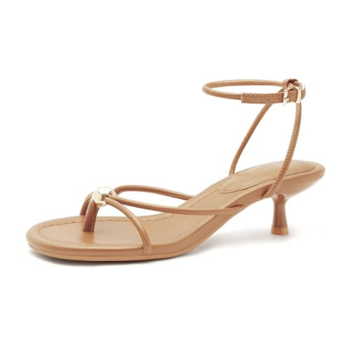 Sqzrkj Strappy Kitten Heels for Women Open Toe Round Toe Low Heel Dress Sandals with Ankle Strap for Wedding, Vacation, Party, Date Night Brown Size 7.5 | Amazon (US)