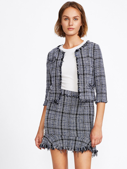 SHEIN Frayed Tweed Blazer & Skirt Set | SHEIN