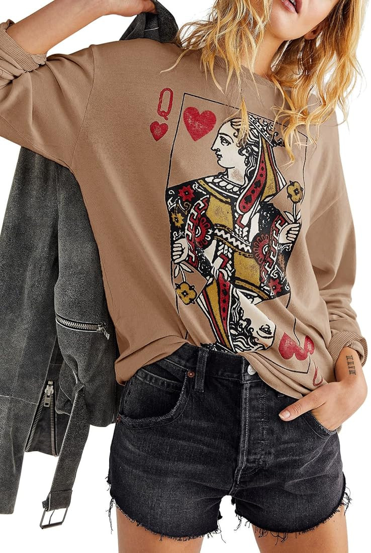 Fazortev Womens Crewneck Graphic Sweatshirts Queen Of Hearts Long Sleeve Shirts Cute Loose Fit Ca... | Amazon (US)