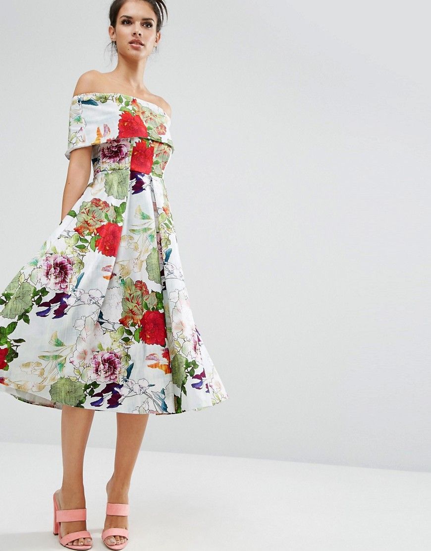 ASOS Premium Off The Shoulder Bardot Midi Prom Dress In Garden Floral - Multi | ASOS US