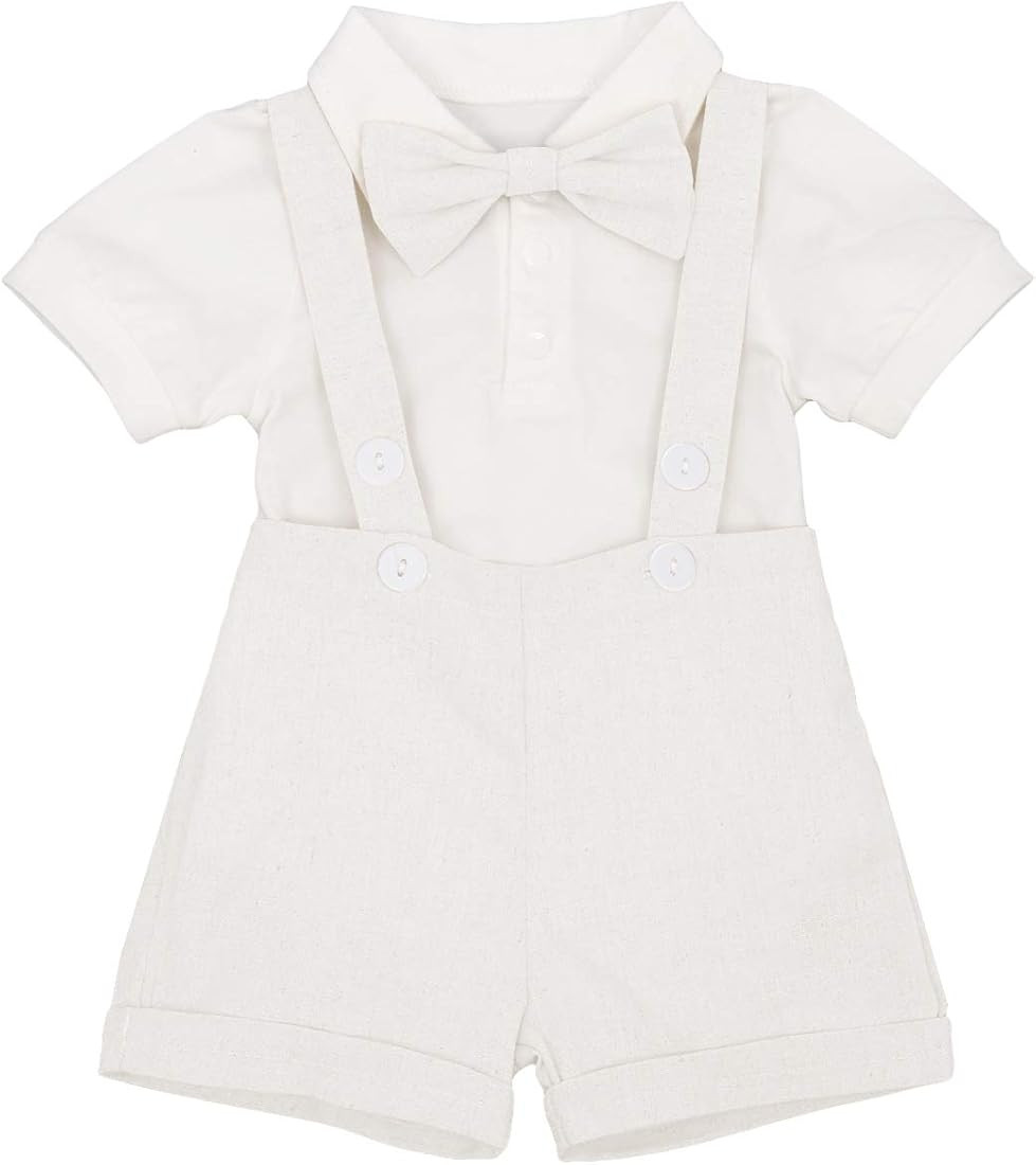 Baby Boys Formal Suit Set Short Sleeve Romper Suspenders Shorts Pants Bowtie Wedding Tuxedo Outfi... | Amazon (US)