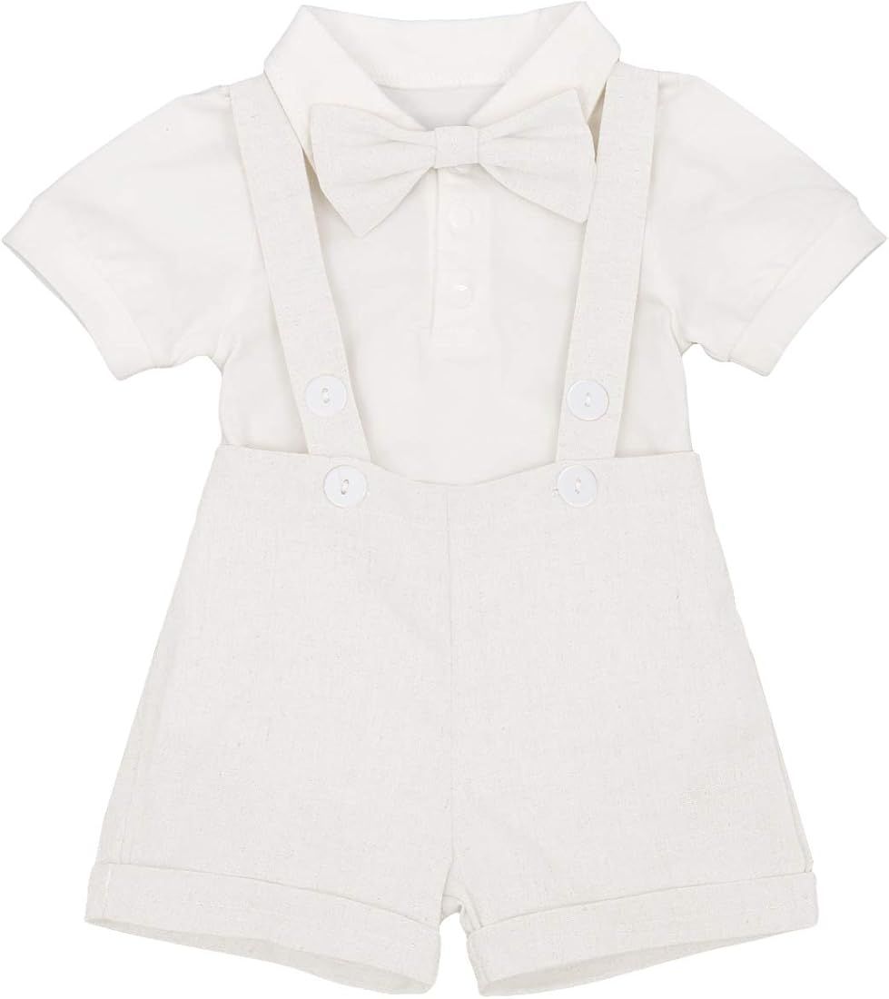 Baby Boys Formal Suit Set Short Sleeve Romper Suspenders Shorts Pants Bowtie Wedding Tuxedo Outfi... | Amazon (US)