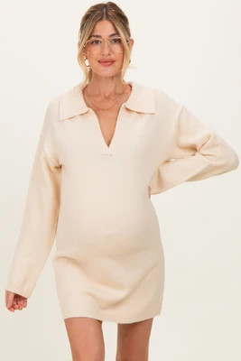 Cream Long Sleeve Polo Maternity Sweater Dress - Large | PinkBlush Maternity