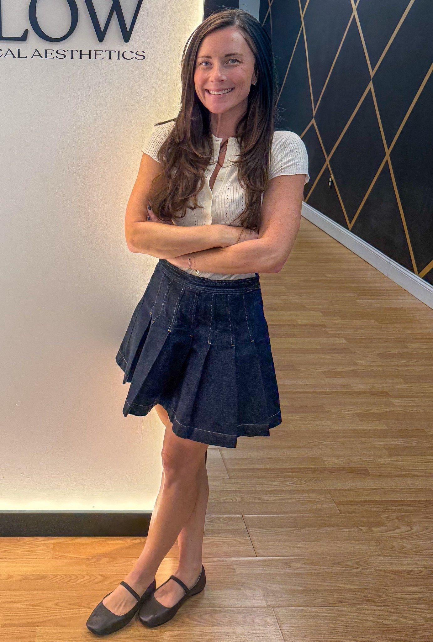 Button down cardigan, pleated jean skirt, brown ballet flats - fall outfit for work as front desk manager at med spa 

#LTKSeasonal #LTKFallSale