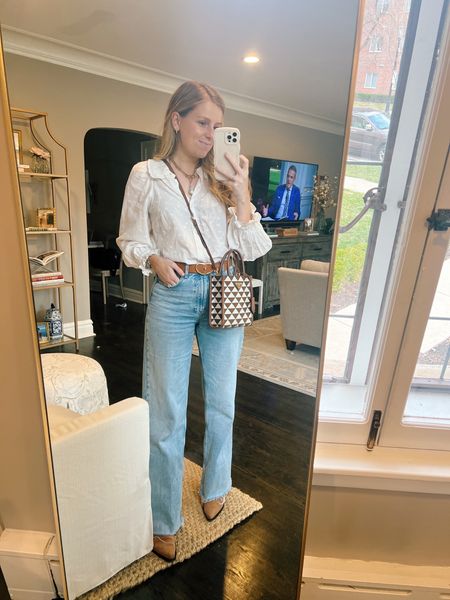 White eyelet blouse and wide leg jeans 