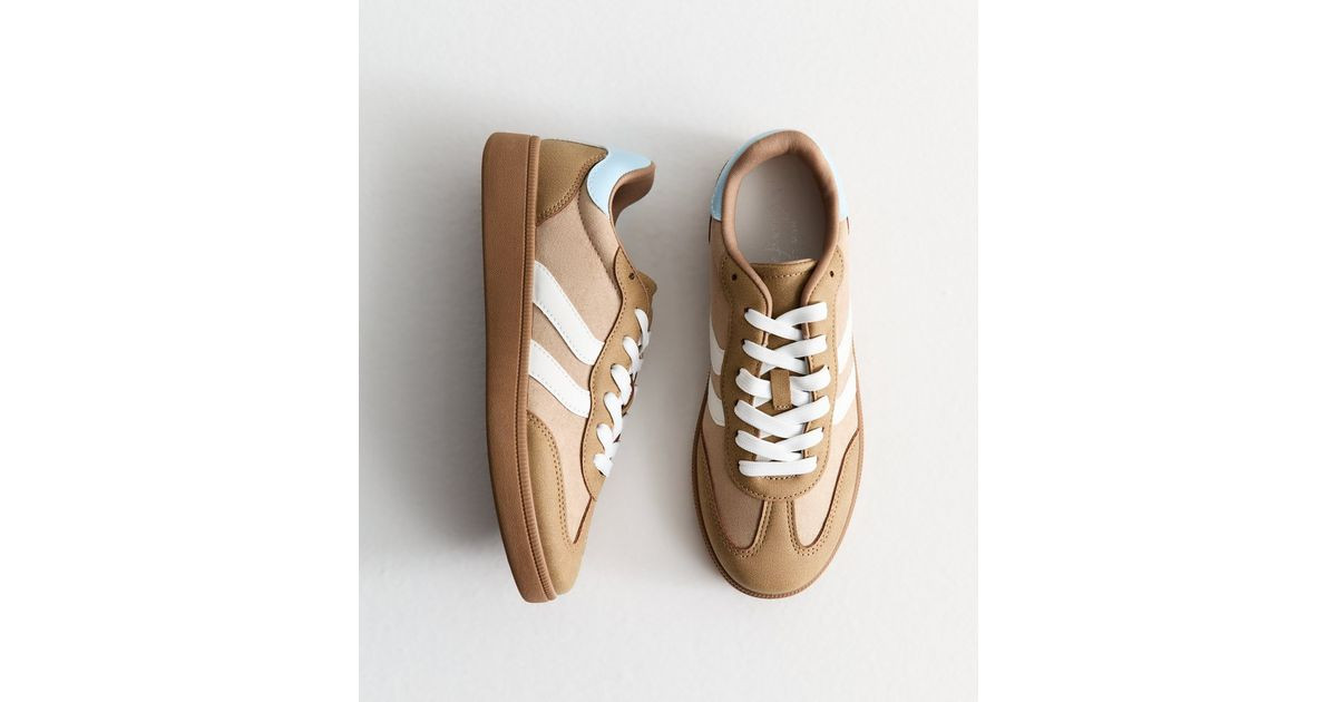 Camel Faux Suede Contrast Panelled Lace Up Trainers | New Look | New Look (UK)