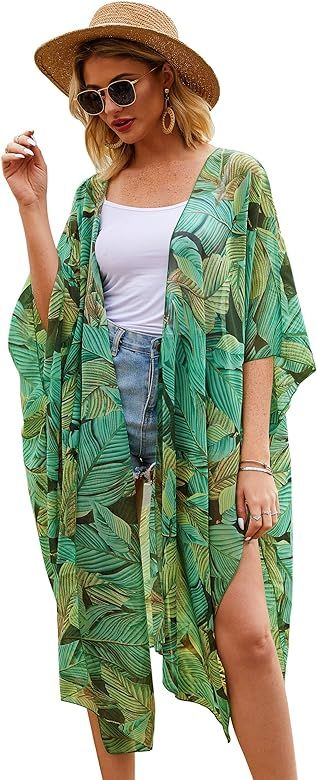 Hibluco Women's Casual Printed Kimono Cover Up Cardigan Sheer Tops Loose Blouse | Amazon (US)