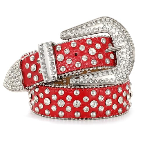 JASGOOD Western Red Rhinestone Belt for Women and Men Ladies Western Cowgirl Cowboy Bling Belt for Jeans Pants Dress | Amazon (US)