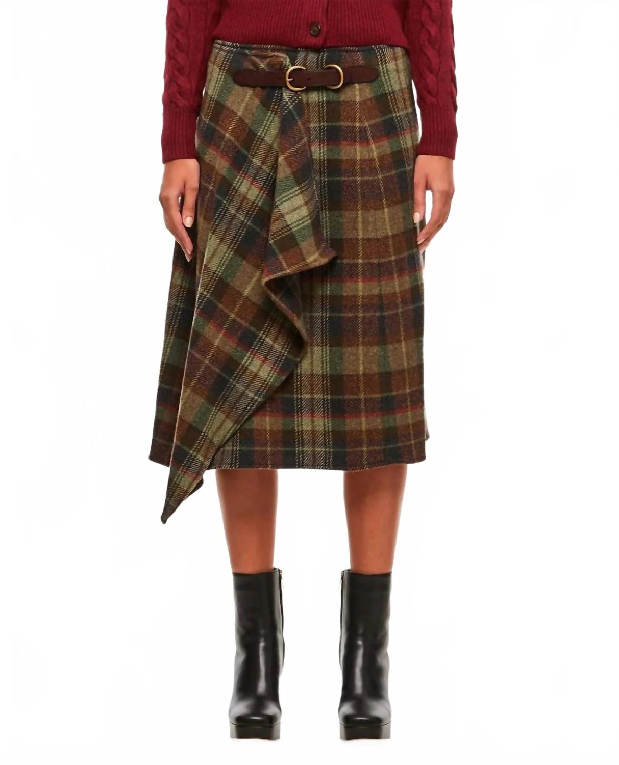 Buckle Detail Plaid Herringbone Skirt In Olive | Shop Simon