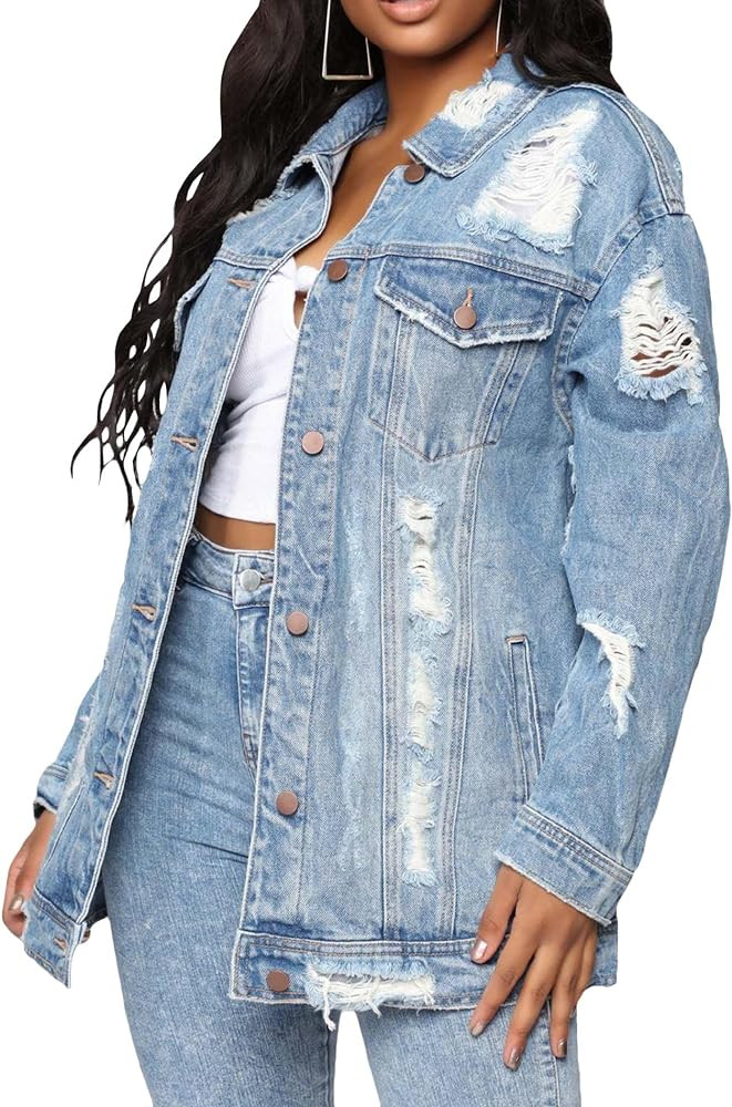 SOMTHRON Women's Distressed Denim Jeans Outfits Coat Spring Fall Ripped Jeans Outerwear Denim Jac... | Amazon (US)