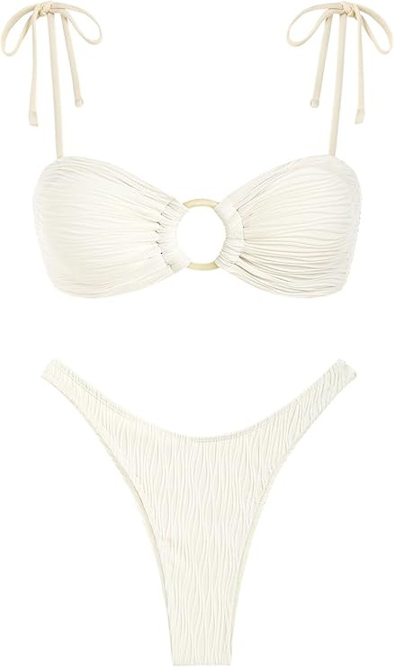 ZAFUL Women's Sexy Tie Spaghetti Strap Bikini Textured O Ring Ruched High Leg Swimsuit Cheeky Bat... | Amazon (US)