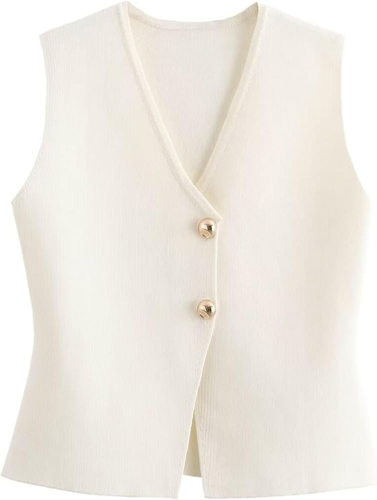 FindThy Women’s Cropped Knit Vest V Neck Button Up Solid Color Sleeveless Gilet Tank Tops | Amazon (US)