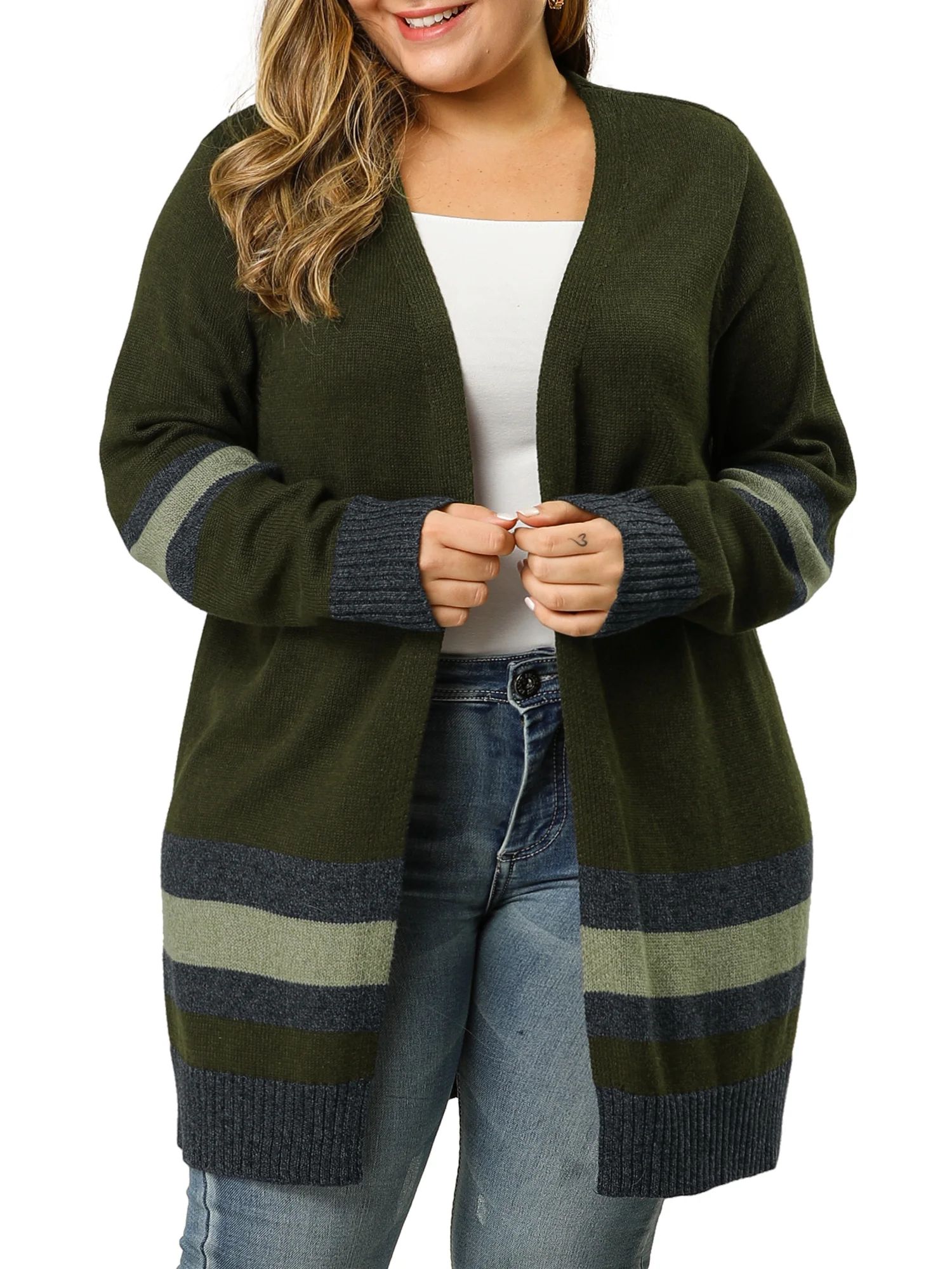 Women's Plus Size Striped Open Front Casual Warm Sweater Cardigan | Walmart (US)