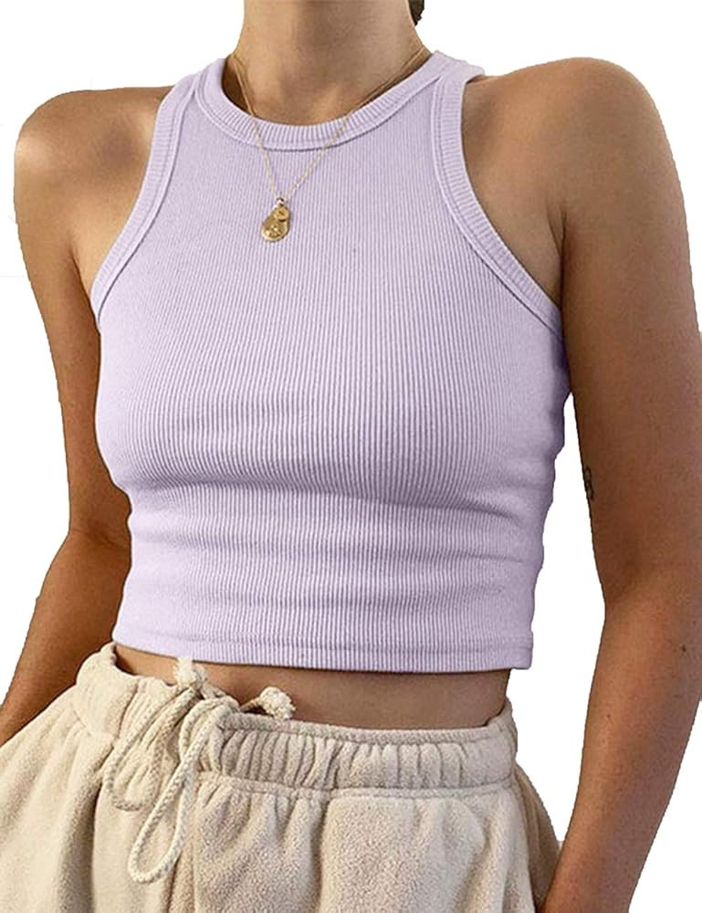 Women's Round Neck Basic Racerback Camisole Rib-Knit Solid Sleeveless Crop Tank Tops | Amazon (US)