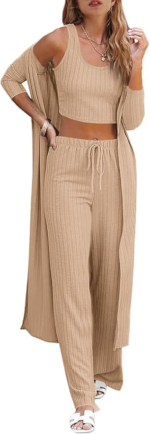 Fessceruna Womens 3 Piece Lounge Sets Pajamas Knit Long Sleeve Cardigan Crop Top Wide Leg Pants L... | Amazon (US)