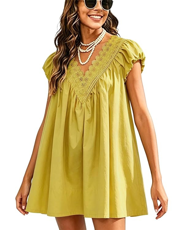 Womens Babydoll Mini Short Dress V Neck Puff Sleeve A Line Boho Scalloped Loose Beach Sundress wi... | Amazon (US)