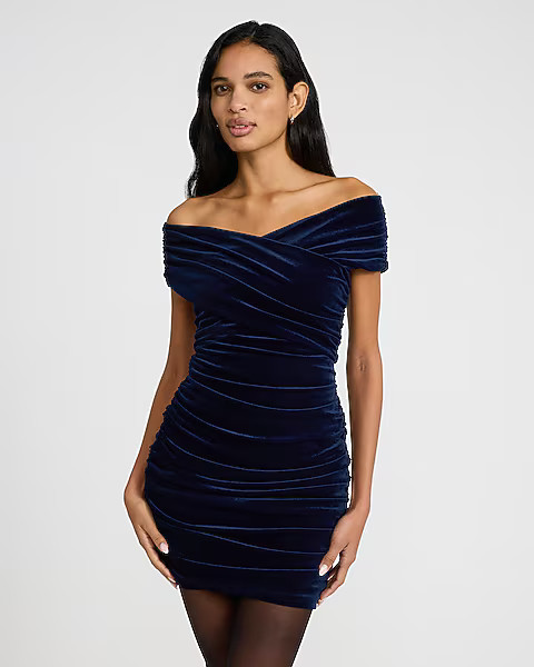 Velvet Off The Shoulder Ruched Mini Dress | Express