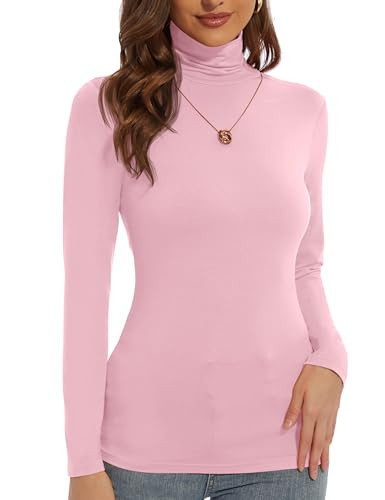 Slim Fitted Lightweight Long Sleeve Going Out Tops Pink Turtleneck for Women Business Casual Outfits for Women (Pink, Large) | Amazon (US)