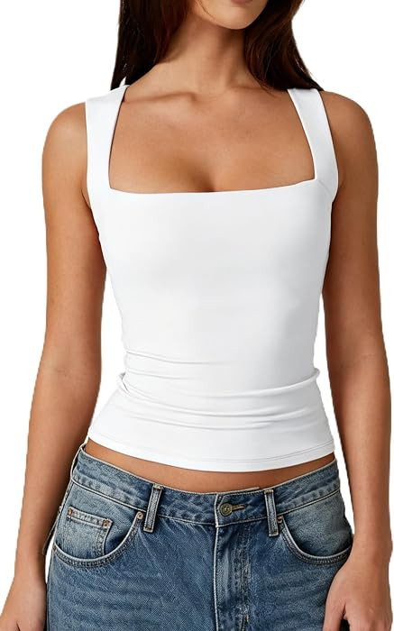 QINSEN Women's Square Neck Sleeveless Double-Layer Tank Tops Basic Tight T Shirts | Amazon (US)