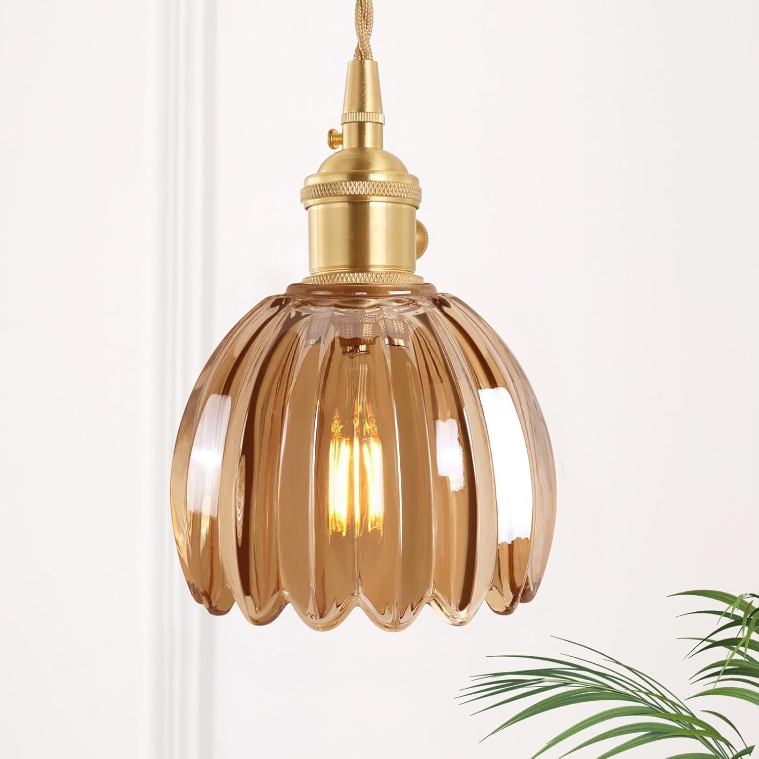 Pendant Light with Amber Tulip Glass Lmapshade, Brass Vintage Pendant Light Adjustable Hanging Li... | Amazon (US)