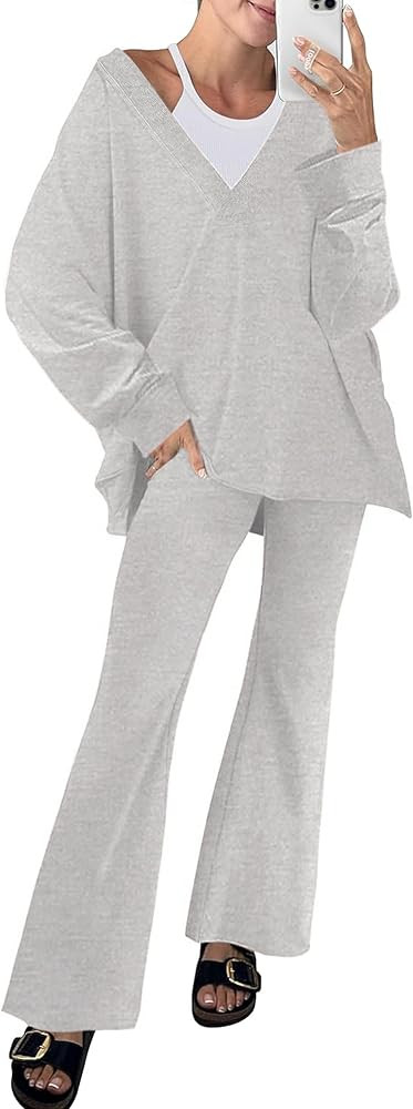 Womens 2Two Piece Outfit Oversized Workout Reversible Long Sleeve Top Flared Legging Lounge Set T... | Amazon (US)