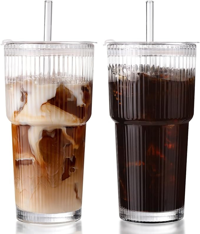 DWTS DANWEITESI Iced Coffee Cups with Lids 2Pcs: Ribbed Glass Tumbler with Straw and Lid 20oz-Vin... | Amazon (US)