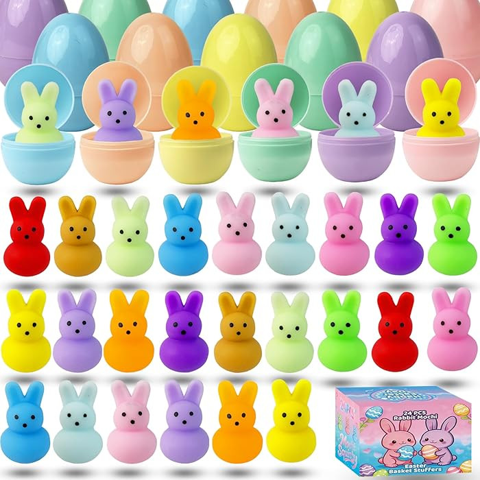24 Pack Prefilled Easter Eggs with Bunny Mochi Squishy Toys, Filled Easter Eggs for Kids, Easter ... | Amazon (US)