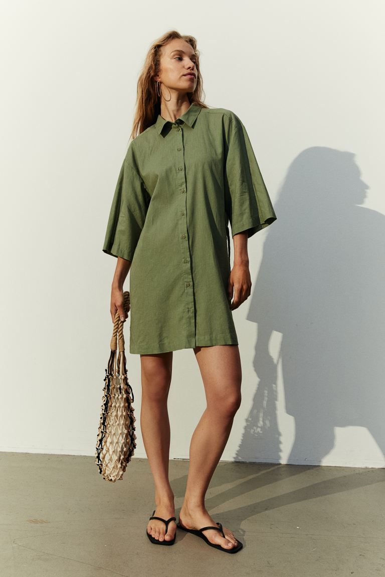 Linen-blend shirt dress - Dusty green - Ladies | H&M GB | H&M (UK, MY, IN, SG, PH, TW, HK)