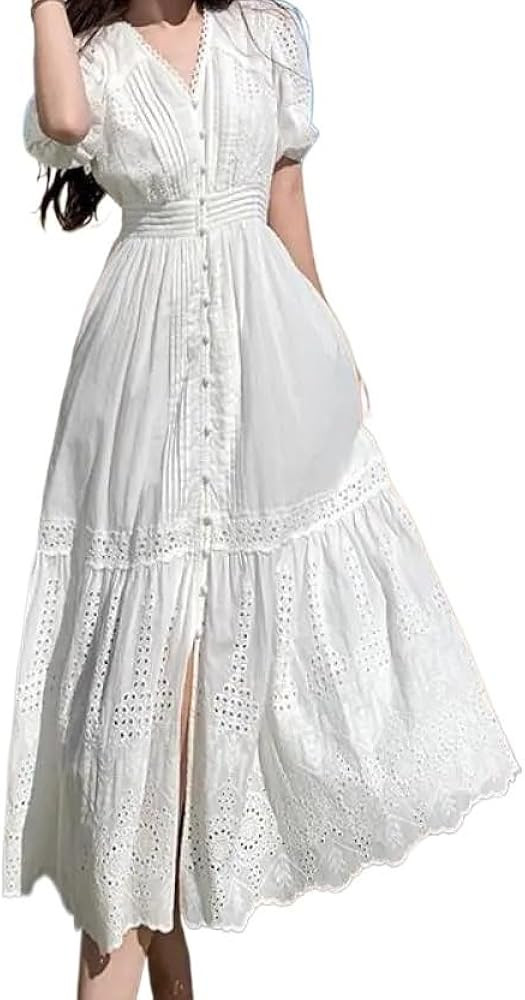 Women High Waist Slim Vintage Summer White Hollow Out Embroidery Long Dress V Neck Evening Party ... | Amazon (US)