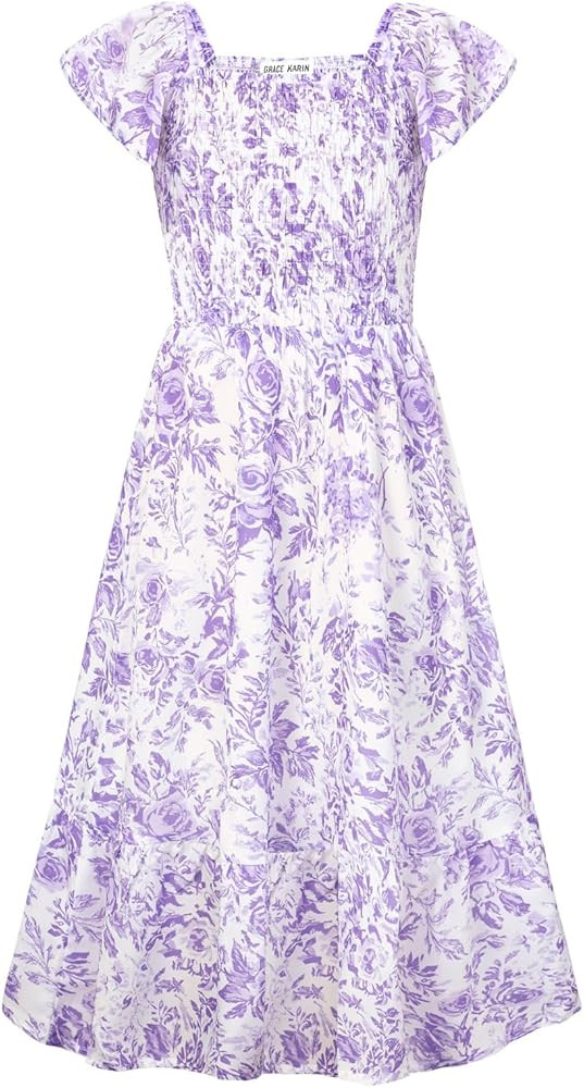 GRACE KARIN Girls Flutter Sleeve Floral Dresses Girl Long Midi Spring Dress Kids Smocked Flare Su... | Amazon (US)
