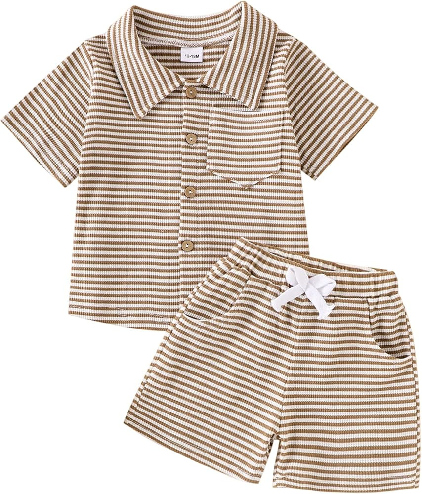 Baby Boy Clothes Toddler Summer Outfits Cute Striped Short-Sleeve Shirt + Bow Pocket Shorts Set 2... | Amazon (US)