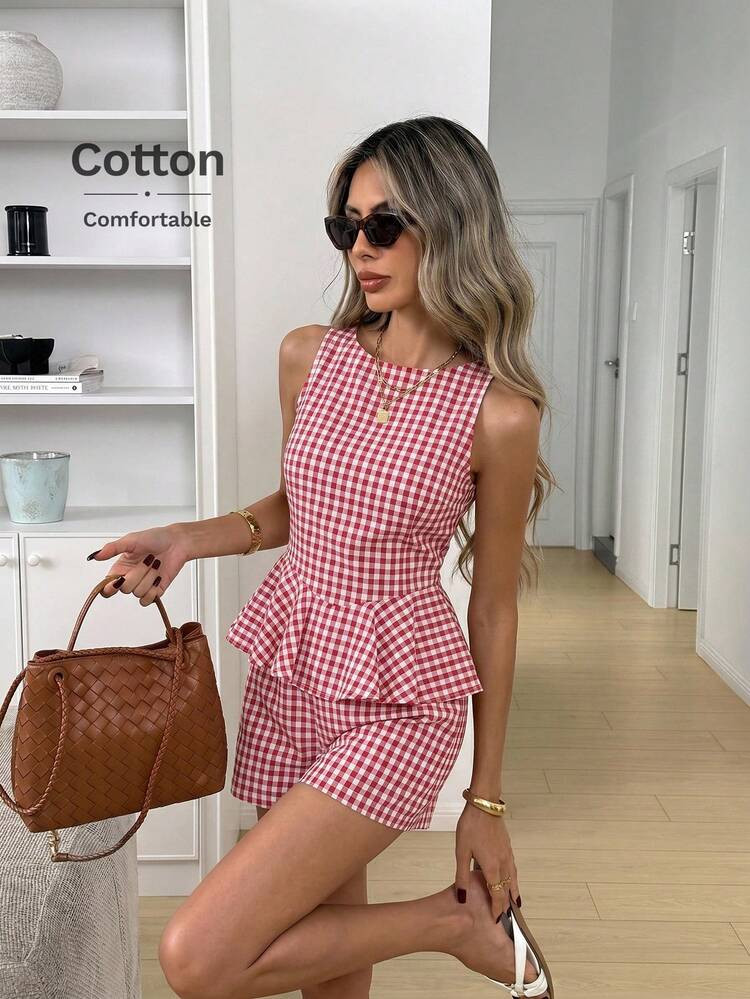 Easowa Cute 2pcs/Set Sleeveless Ruffle Hem Blouse Vest And Elastic Waist Shorts,Red And White Pla... | SHEIN