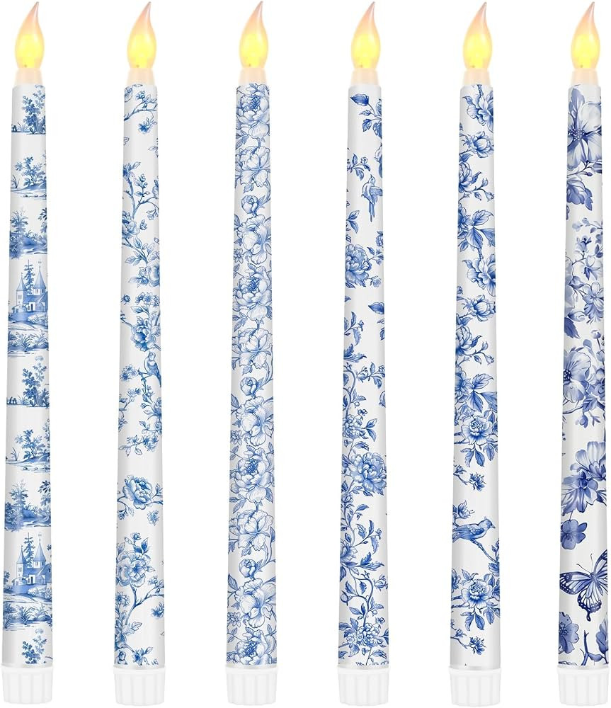 6 Pcs Chinoiserie Flameless Candles 10.8 Inch Floral Taper Candles Blue and White Battery Operate... | Amazon (US)