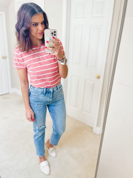 These striped tees are back again this year!!! 2 pack for $15! Wearing size s
Old Navy jeans Tts
Amazon mules Tts 

#LTKunder50 #LTKSeasonal #LTKstyletip