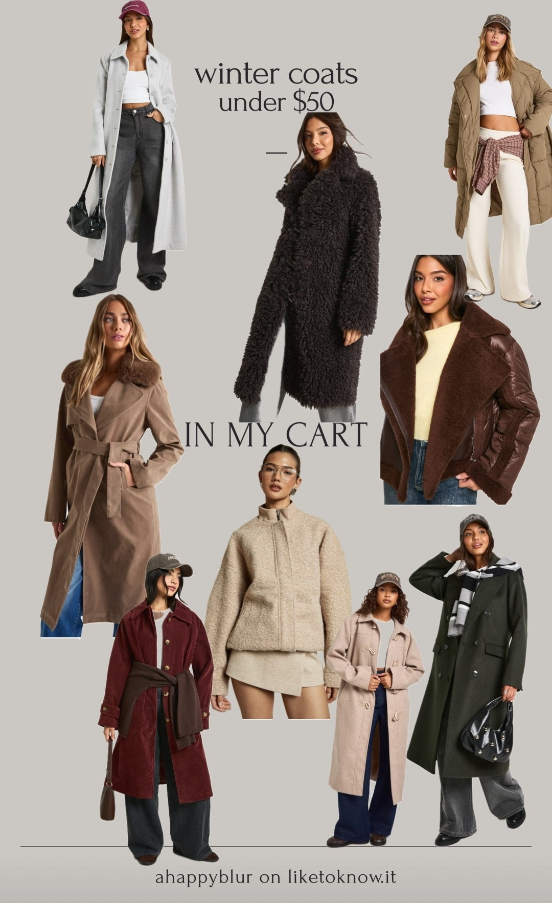 winter coats under $50 in my cart🧥🌨️ ranging from long and fluffy to classic coats to short and trendy! 

#LTKSeasonal #LTKFindsUnder50 #LTKSaleAlert