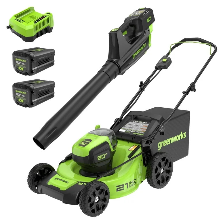 Greenworks 80V 21" Brushless Push Cordless Electric Lawn Mower + 500 CFM Axial Leaf Blower, with ... | Walmart (US)