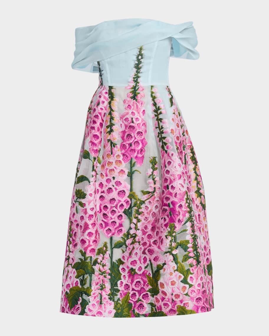 Oscar de la Renta Foxglove Ombre Organza Off-The-Shoulder Tea-Length Dress | Neiman Marcus
