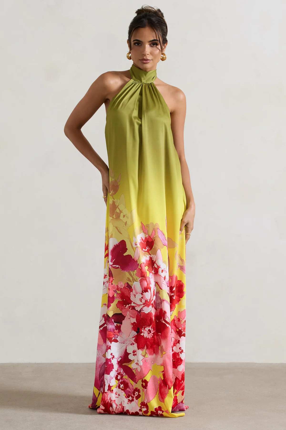 Gloriana | Pink and Green Floral Print Satin High-Neck Maxi Dress | Club L London