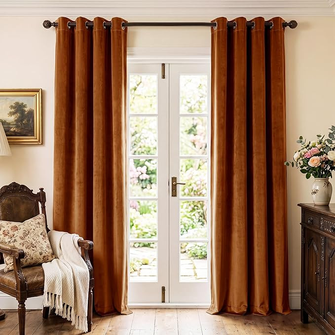 Burnt Orange Velvet Curtains for Sliding Door, W52 x L84, 2 Panels | Thermal Insulated, Window Gr... | Amazon (US)