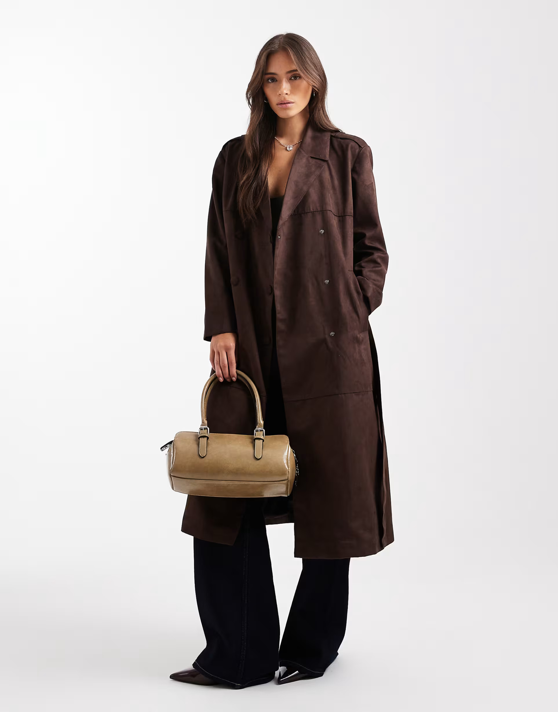 ONLY faux suede trench coat in chocolate brown | ASOS (Global)