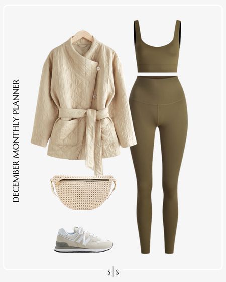 Monthly outfit planner: DECEMBER: Winter looks | Varley legging, sports tank, wrap quilted jacket, belt bag, sneaker, weekend outfit, loungewear, activewear 

See the entire calendar on thesarahstories.com ✨ 

#LTKfitness #LTKstyletip