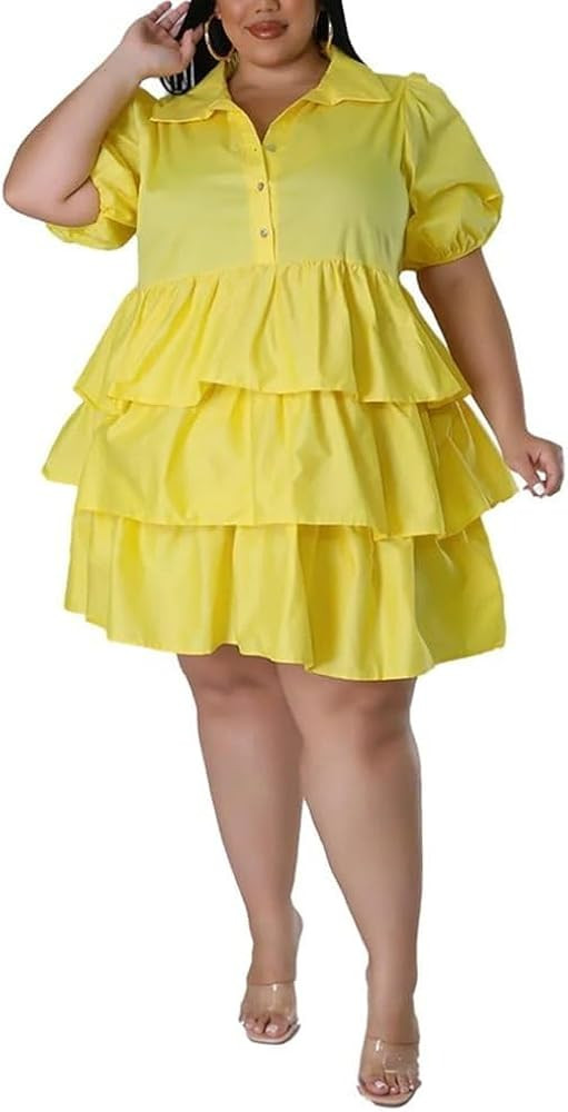 YCHUNHUI Womens Plus Size Puff Sleeve Button Down Shirt Dress High Waist Ruffle Tiered Short Dres... | Amazon (US)