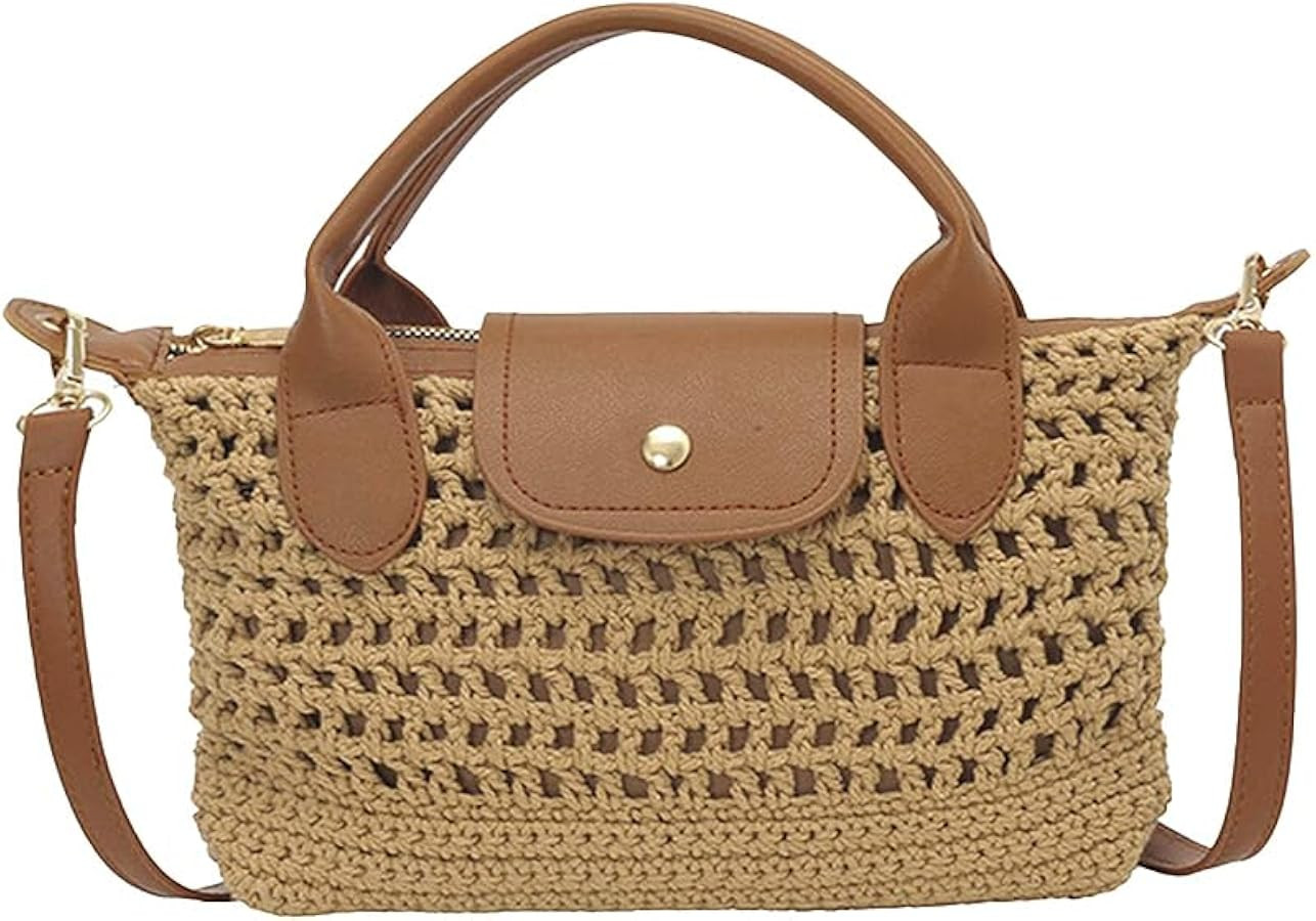 Mini Crochet Crossbody Bags for Women Summer Beach Handbag Woven Tote Purse with Leather Top Hand... | Amazon (US)
